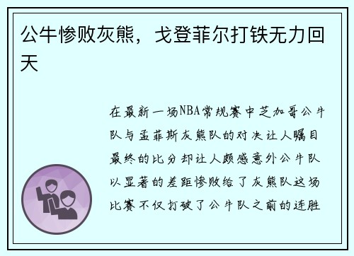 公牛惨败灰熊，戈登菲尔打铁无力回天